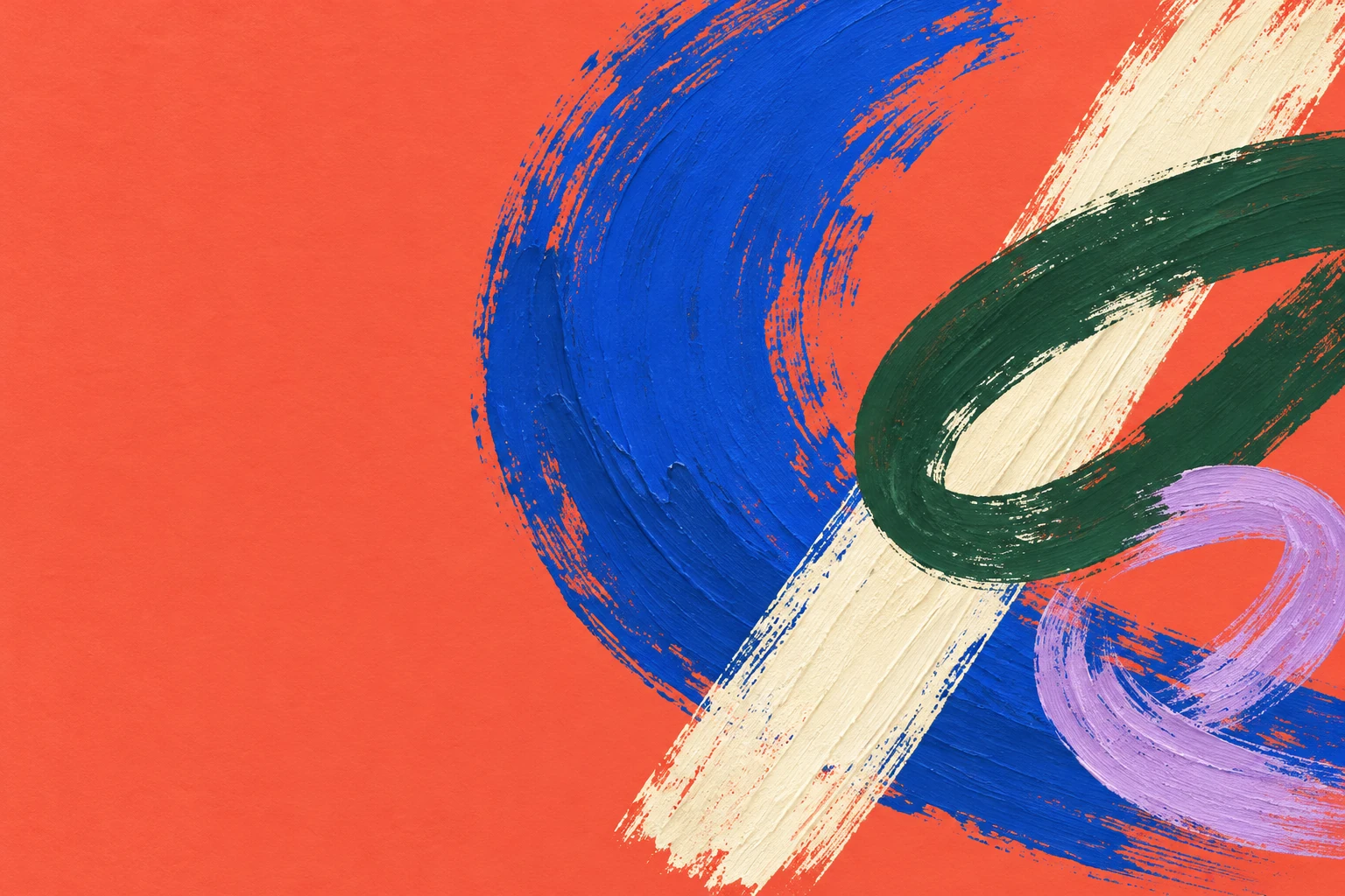 Cobalt, ivory, green and lilac brushstrokes on a coral background