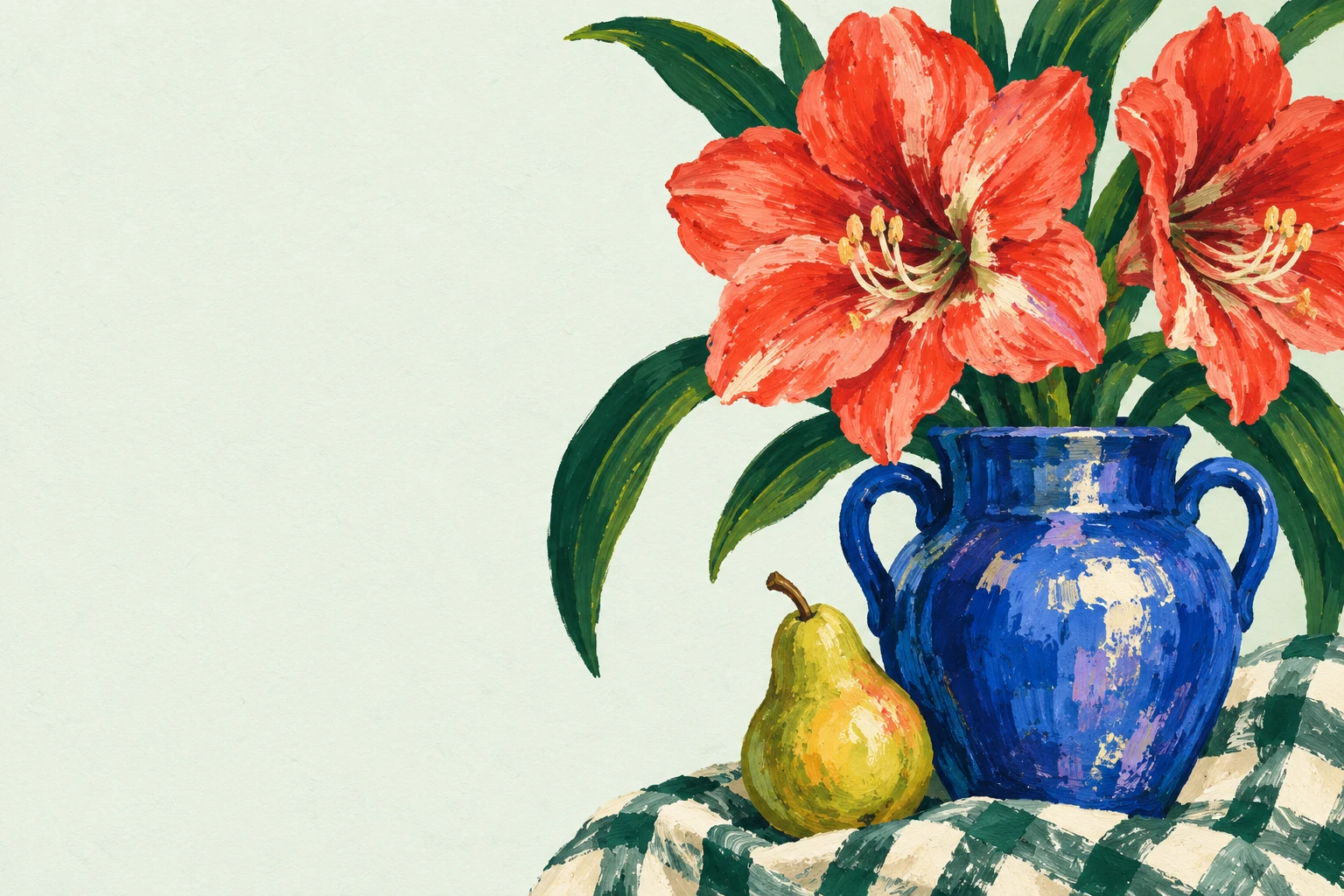 Coral flowers and green leaves in a cobalt vase beside a yellow pear