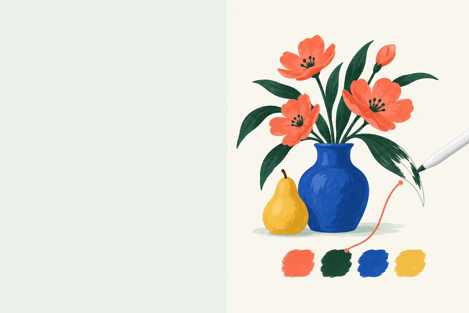 Coral flowers and green leaves in a cobalt vase beside a yellow pear