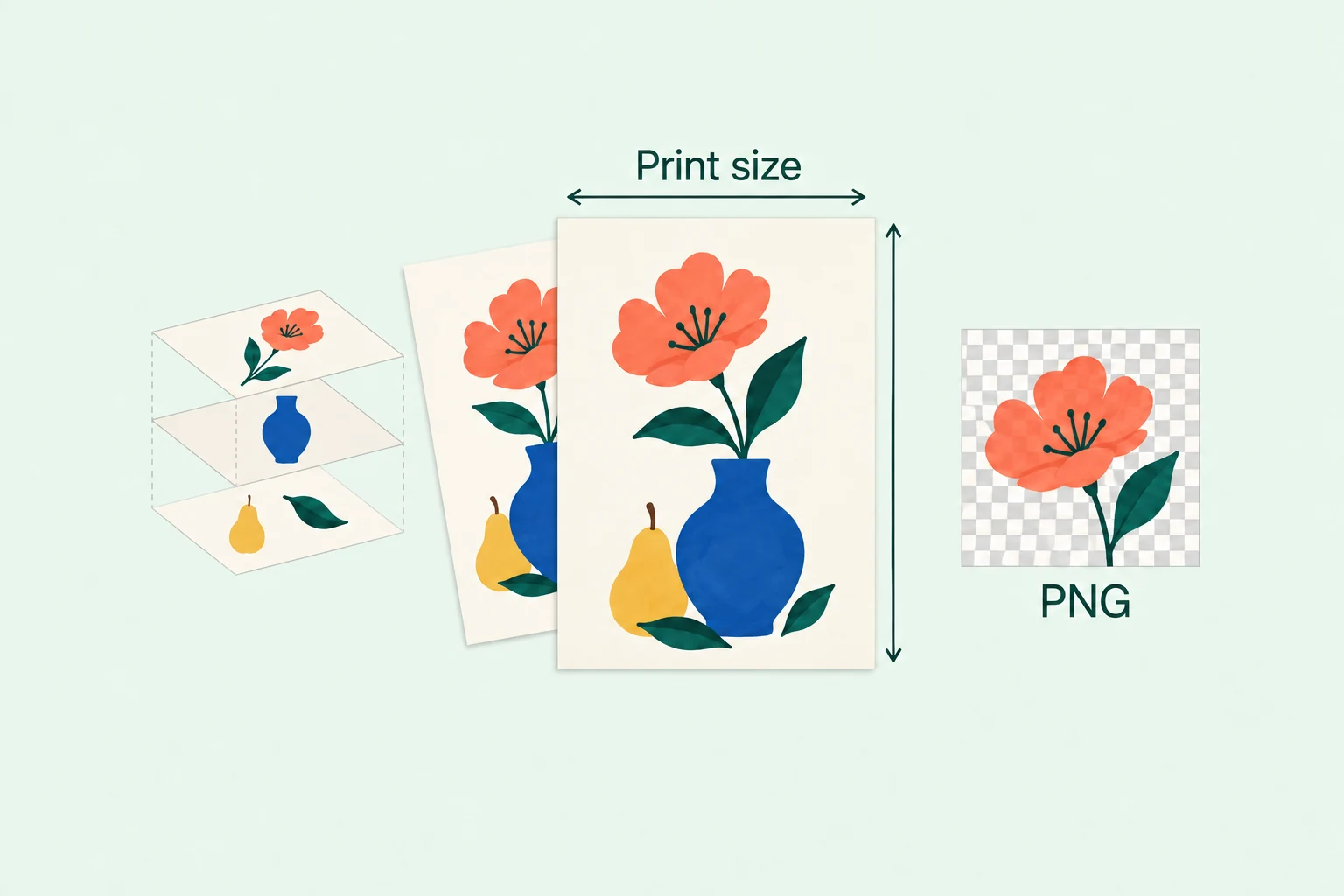Overlapping botanical prints with coral flowers, cobalt vases and yellow pears